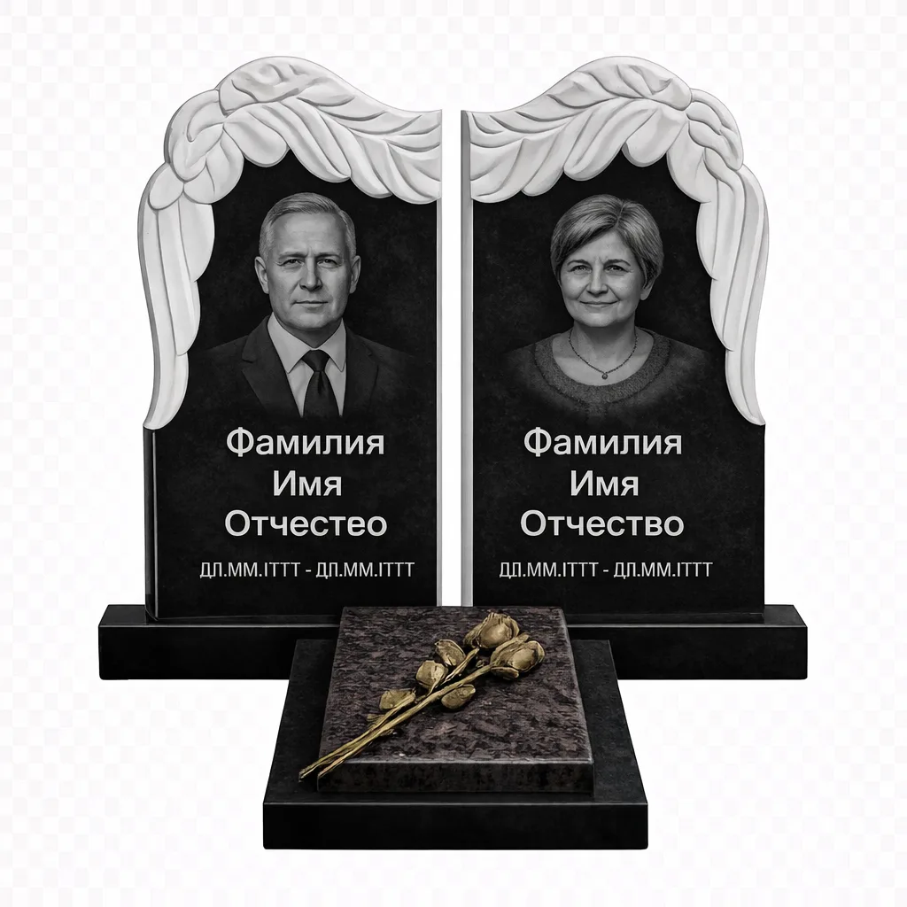 Семейный памятник из двух вертикальных стел и цветником